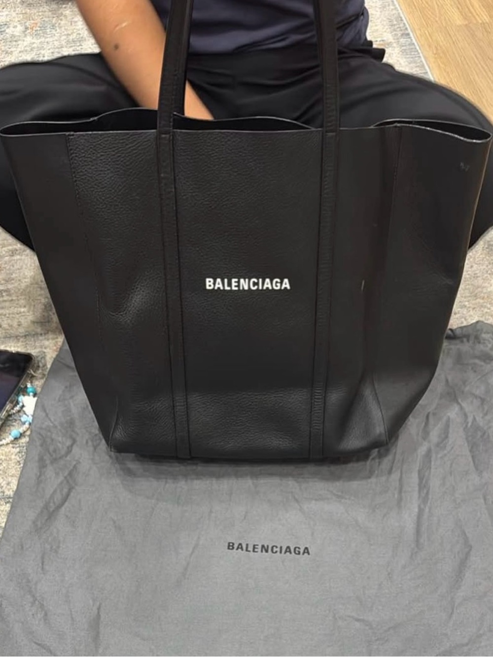 Balenciaga Black Pebbled Leather Tote with Logo